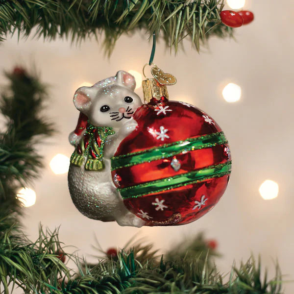 Playful Christmas Mouse Glass Ornament  Old World Christmas   