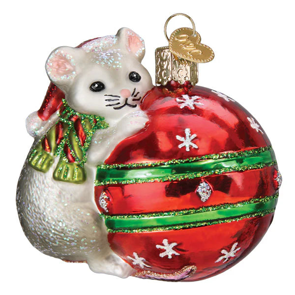 Playful Christmas Mouse Glass Ornament  Old World Christmas   