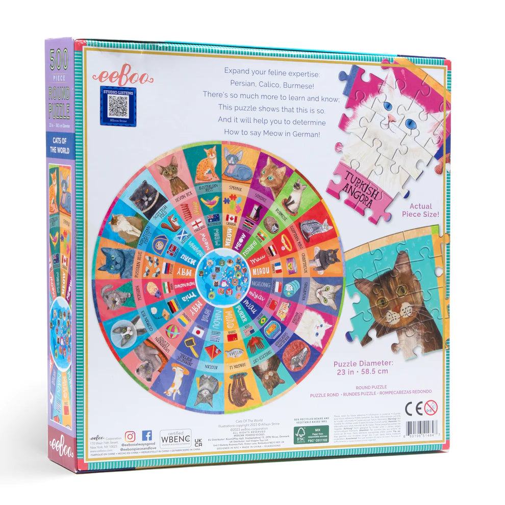 Cats Of The World 500 Piece Round Puzzle  Eeboo   