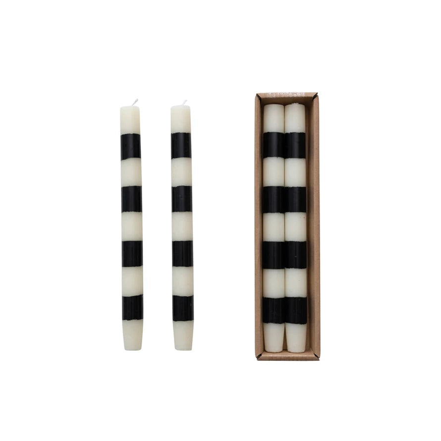 Cream & Black Striped Taper Candle Set  Creative Co-Op   