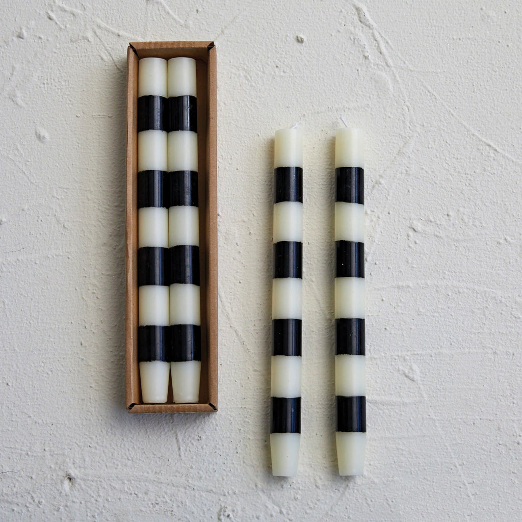 Cream & Black Striped Taper Candle Set  Creative Co-Op   