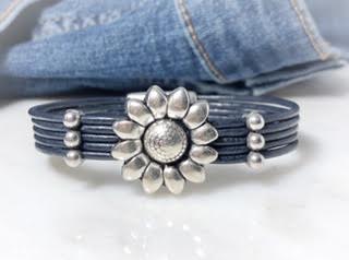 Denim Leather with Silver Flower Bracelet  Calla Lily   