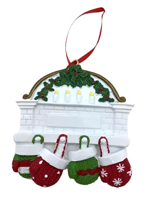 Fireplace Mittens Personalized Ornament  GSM Pers Orn Family of 4  