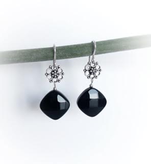 Black Onyx with Silver Filigree Earrings  Calla Lily   