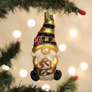 Bee Happy Gnome Glass Ornament  Old World Christmas   