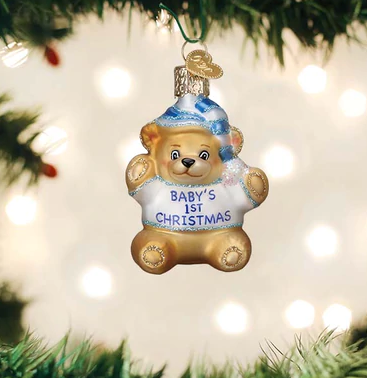 Baby Boy's First Teddy Bear Glass Ornament  Old World Christmas   