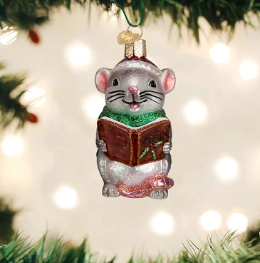 Gray Caroling Mouse Glass Ornament  Old World Christmas   