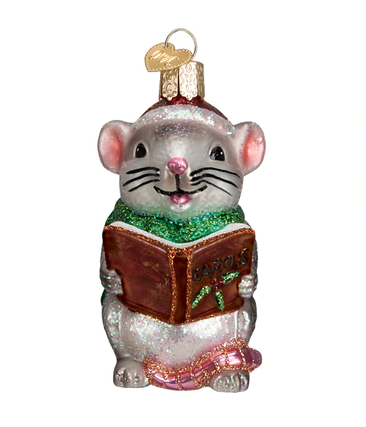 Gray Caroling Mouse Glass Ornament  Old World Christmas   