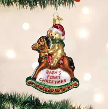 Rocking Horse Teddy Glass Ornament  Old World Christmas   