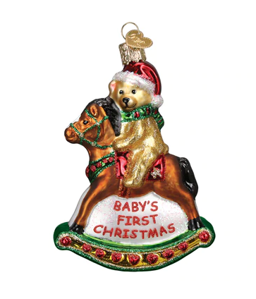 Rocking Horse Teddy Glass Ornament  Old World Christmas   