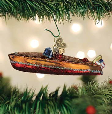 Classic Wooden Boat Glass Ornament  Old World Christmas   