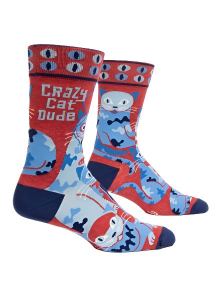 Crazy Cat Dude Men's Crew Socks  Blue Q   