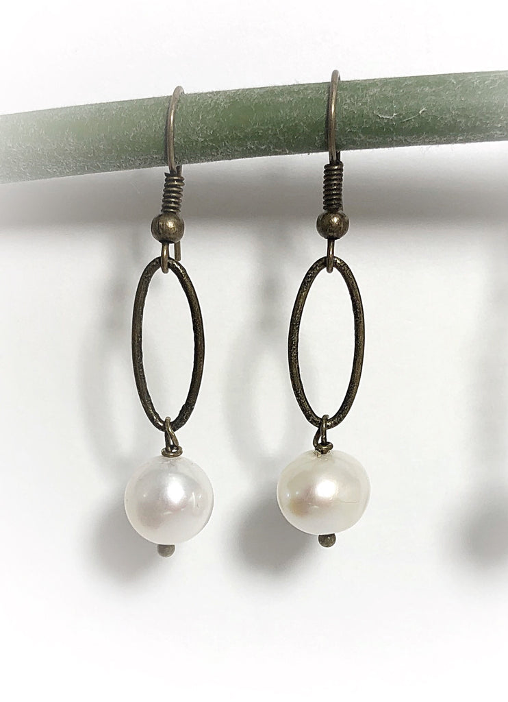 Brass & Freshwater Pearl Earrings  Calla Lily   