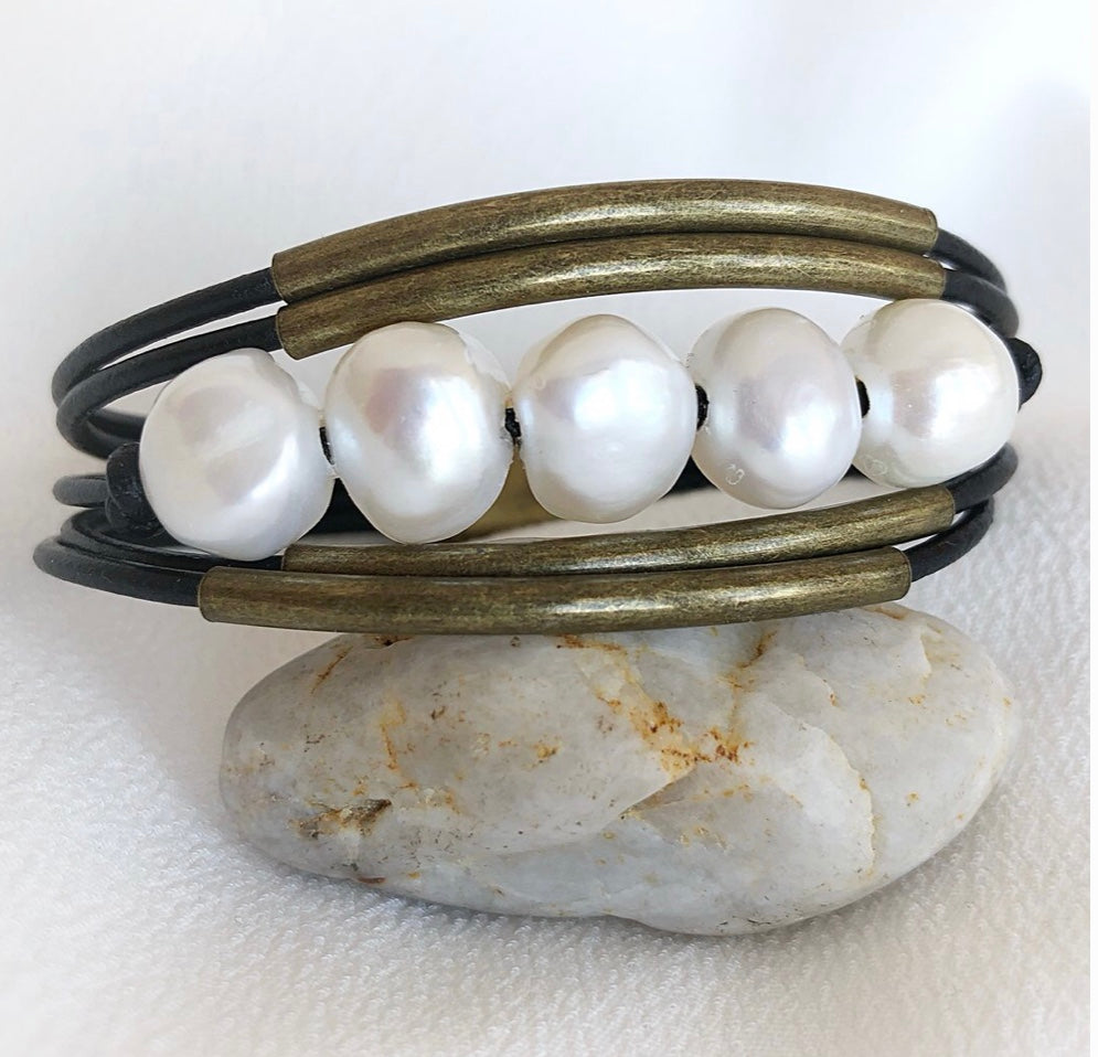 Brass, Leather & Freshwater Pearl Bracelet  Calla Lily   