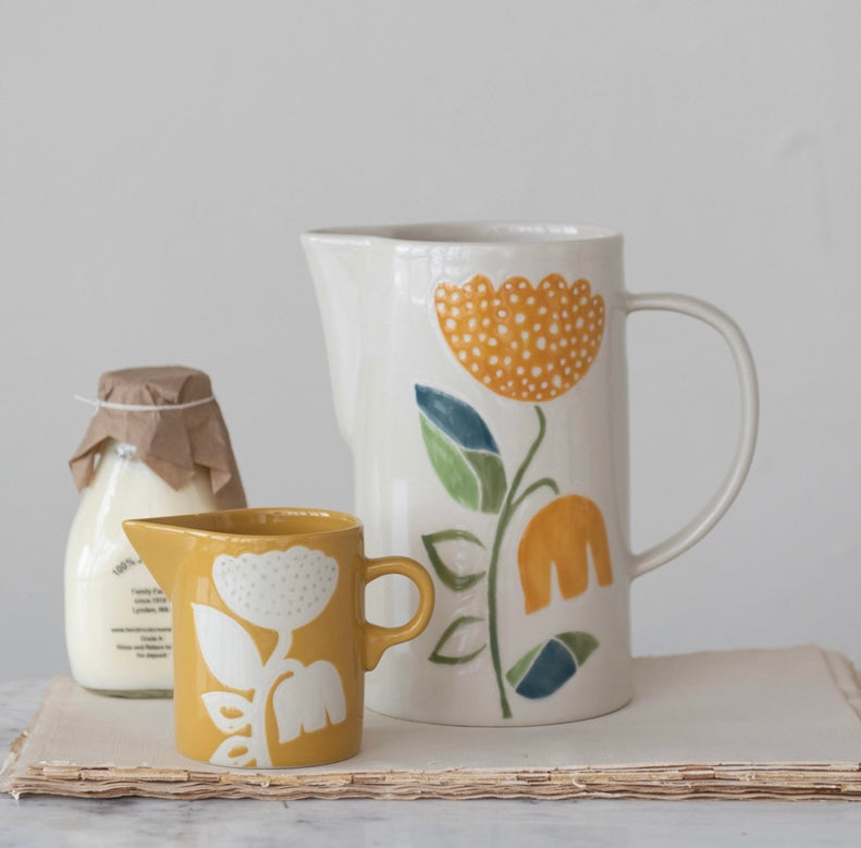 Stoneware Creamer with Wax Relief Flower  Creative Co-Op   