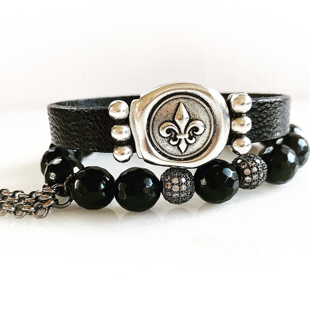 Fleur De Lis Leather Bracelet  Calla Lily   