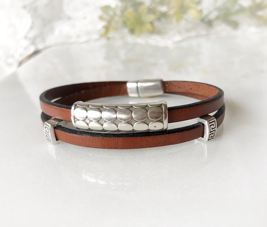 Brown Leather Double Wrap Bracelet  Calla Lily   