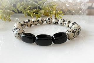 Black Onyx & Leopard Jasper Bracelet  Calla Lily   