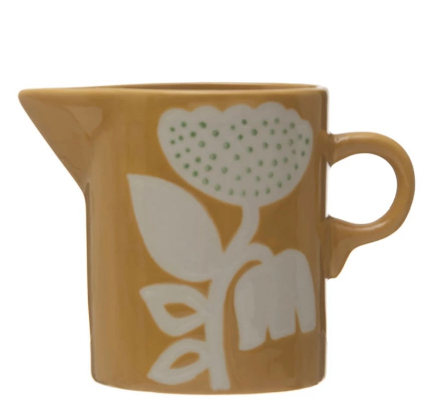 Stoneware Creamer with Wax Relief Flower  Creative Co-Op   