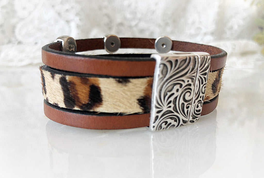 Leopard Print Leather Bracelet  Calla Lily   