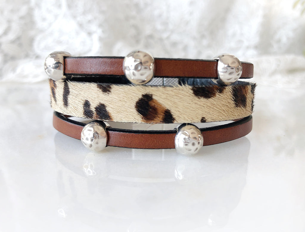 Leopard Print Leather Bracelet  Calla Lily   