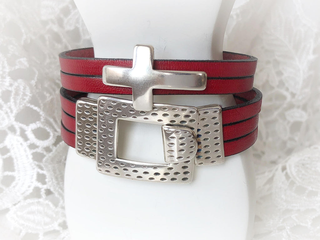 Red Leather Buckle or Cross Bracelet  Calla Lily   